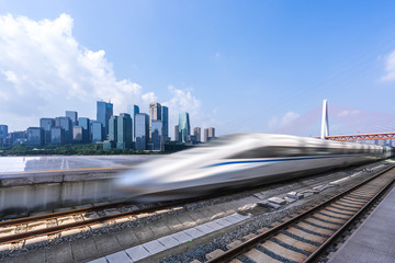 Plakat high speed train with city skyline