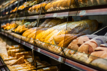 shelves with bread in a supermarket