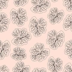 Fototapeta premium Light pink Hibiscus flower print. Gorgeous nasturtium.&nbsp;Floral Pattern.&nbsp;Trendy seamless background.&nbsp;Fashion&nbsp;Texture. Line drawing.&nbsp;Vector botanical illustration for fabric, wrapping and&nbsp;other design.&nbsp;