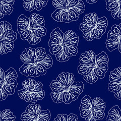 Dark Blue Hibiscus flower print. Gorgeous nasturtium. Floral Pattern. Trendy seamless background. Fashion Texture. Line drawing. Vector botanical illustration for fabric, wrapping and other design. 