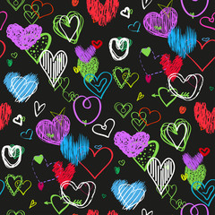 Multicolored hearts. Lovely background. Seamless texture. Line art. Set of love signs. Unique illustration for design. Line art creation