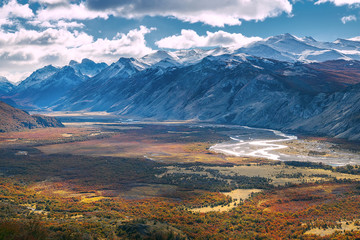 Track to the mount Fitz Roy. View of Las Vueltas River, El Chalten. Valley and Mountains. Andes. Los Glaciares National Park. Argentina. Patagonia