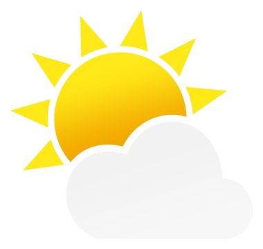 Sonne oder Sonnenschein mit Wolke als Vektor auf einem weißen isolierten Hintergrund