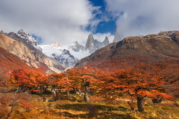Fitzroy landscape with autumn trees, cloudy sky and the snow on the peaks.  Los Glaciares National Park, Patagonia, Argentina
