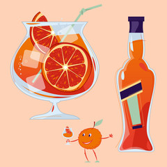 Aperol Spritz cocktail with a slice of orange. Small orange holds a glass with a cocktail. Traditional summer drink.
