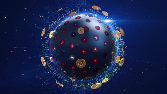 Digital Earth Covered By Bitcoin Crypto Currency With Shiny Visual Effects - 4K 3D Animation
