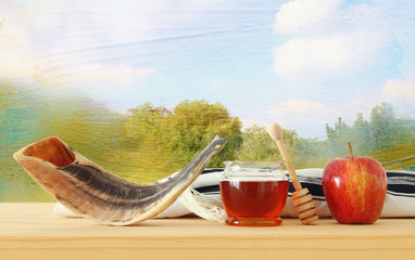 Rosh hashanah (jewish New Year holiday) concept. Traditional symbols.