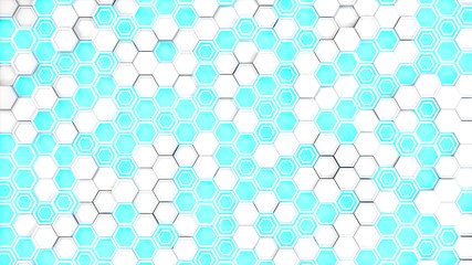 Abstract 3d background made of white hexagons on blue glowing background