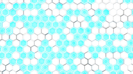 Abstract 3d background made of white hexagons on blue glowing background