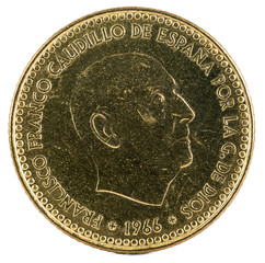 Old Spanish coin of 1 peseta, Francisco Franco. Year 1966, 19 75 in the stars. Obverse.