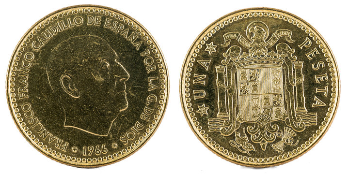 Old Spanish coin of 1 peseta, Francisco Franco. Year 1966, 19 75 in the stars.