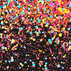 Confetti on isolated black background. Luxury wallpaper. Geometric pattern with colored glitters. Texture for design. Print for banners, posters, flyers and textiles. Greeting cards