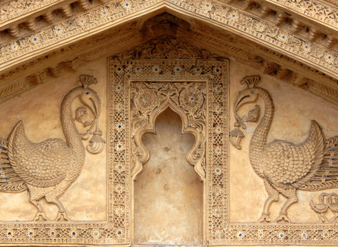 View of Peacock shape on the ruins of Golconda fort built in 1600s,,qutb shahi rulers,in Hyderabad,India