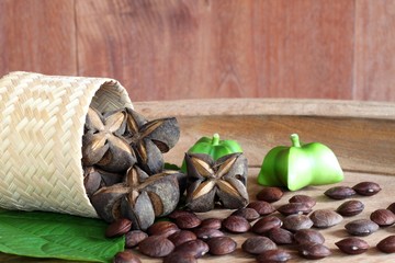 Seeds inca peanut or sacha peanut or sacha inchi or mountain peanut place in basket on the wooden background. 