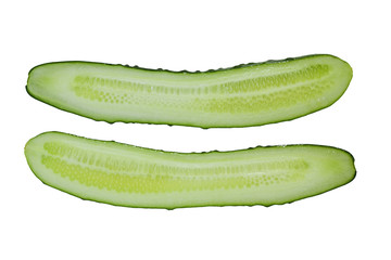 the fresh, juicy cucumber cut in half, isolated on a white background