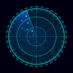 Vector blue radar screen. Military search system. Futuristic HUD radar display. Futuristic HUD interface. - obrazy, fototapety, plakaty