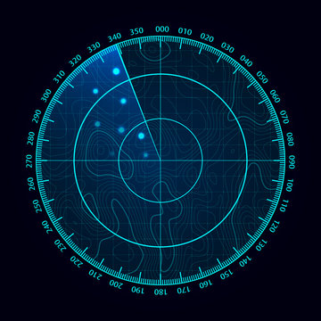 Vector blue radar screen. Military search system. Futuristic HUD radar display. Futuristic HUD interface.