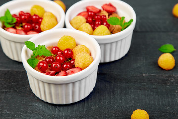 ..Healthy breakfast on white bowls.