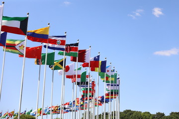 A view of the flying flags of all nations in the wind in Seoul Korea / the flying flags of all nations in the wind