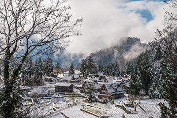 Top view of Ainokura Gassho village, Japan with snow covering
