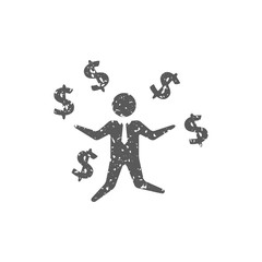 Businessman money icon in grunge texture. Vintage style vector illustration.