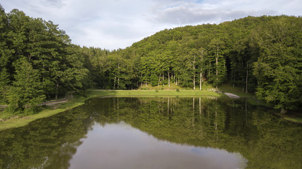Aerial view of a small natural freshwater lake. The pond is nestled in the green of a forest in the Italian mountains. There are no people on this beautiful spring days.