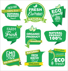 Natural organic products green collection of labels and badges - obrazy, fototapety, plakaty