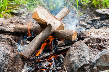 Camp fire close up shot on natural bright light on a sunny day.