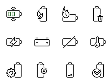 Set of black vector icons, isolated on white background, on theme Charging and using the battery