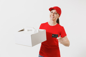 Woman in red cap, t-shirt giving food order cake box isolated on white background. Female courier holding dessert in unmarked cardboard box, credit card. Delivery service concept. Receiving package.