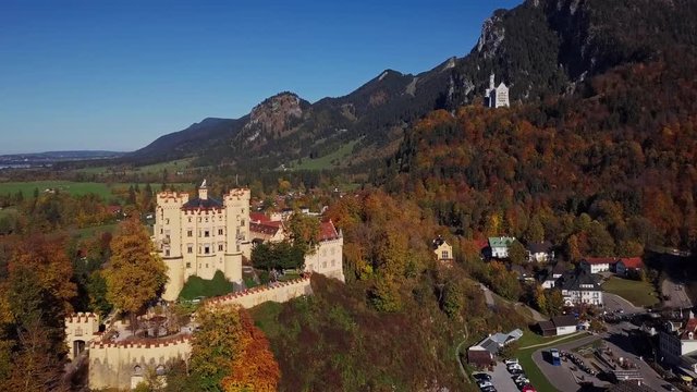 Flight over of Hohenschwangau and Neuschwanstein Castle, Bavaria, Germany