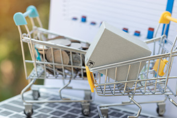 Cardboard box and Thai coins in the trolley or mini shopping cart on laptop keyboard with chart and nature background. Online shopping and e-commerce concept.