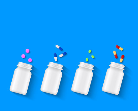 Various pills, tablets and capsules with white bottles on blue background. Pharmaceutical medicine and medical treatment concept. Realistic vector illustration, high angle view.