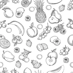 Fotobehang Frutas background. Fruits garden line drawing vector seamless pattern, fruit diet texture © vectortatu