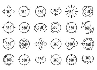 Full rotation icons. Thin line full 3d signs, 360 degree completed panorama icon set