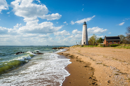 The New Haven Lighthouse, at Lighthouse Point Park in New Haven, Connecticut.