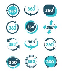 Rotate 360 view icons. Round panorama view icon set with arrows, 3d circle rotate vector signs for virtual tour and panoramic video