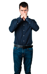 Handsome man fighting on isolated white background