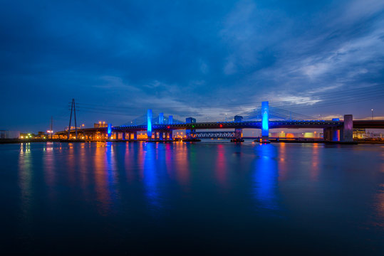 The Pearl Harbor Memorial Bridge at night in New Haven, Connecticut