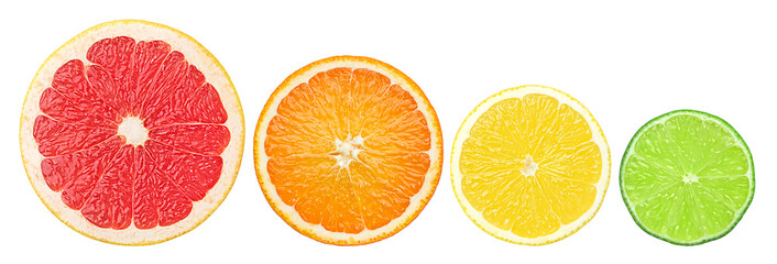 Citrusschijfje, grapefruit, sinaasappel, citroen, limoen, geïsoleerd op een witte achtergrond, uitknippad