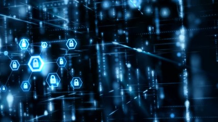 4K Network security concept Abstract background lock pad in the hexagon shape with connection line particle and lighting effect floating and flow with dark and grain processed - Powered by Adobe