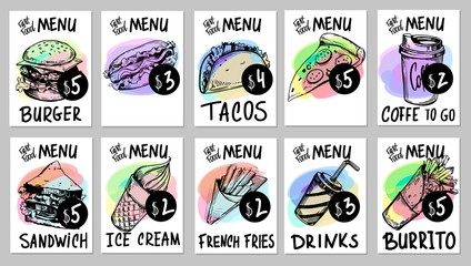 Fast food menu. Hand drawn sketch converted to vector