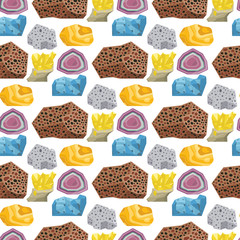 Semi precious gemstones vector stones and mineral stone seamless pattern background dice colorful shiny crystalline mineral jewelry illustration.