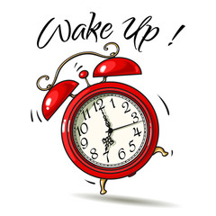 Cartoon red alarm clock ringing. Wake-up text. Vector