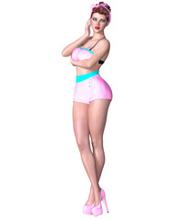 3D beautiful young attractive pin up girl vintage.Shorts and bra.Woman studio photography.High heel.Conceptual fashion art.Seductive candid pose.Realistic render.Summer collection clothes