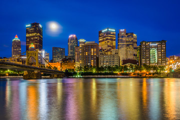 The Pittsburgh skyline at night, seen from Allegheny Landing, in Pittsburgh, Pennsylvania.