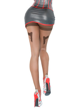 recommend clip art: Woman detective.Dark nylon tights with guns, bullets and trajectory line.Short skirt corset.Female domination.Sexy slim female legs dark pantyhose.Seductive pose.Conceptual fashion art.3D render