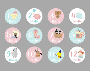 Pastel baby number sticker with star,elephant,bear,skunk,squirrel,fox,bear,reindeer and narwhal