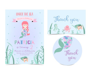 Hand drawn cute card with mermaid,squid,coral,ribbon and sea horse.Thank you