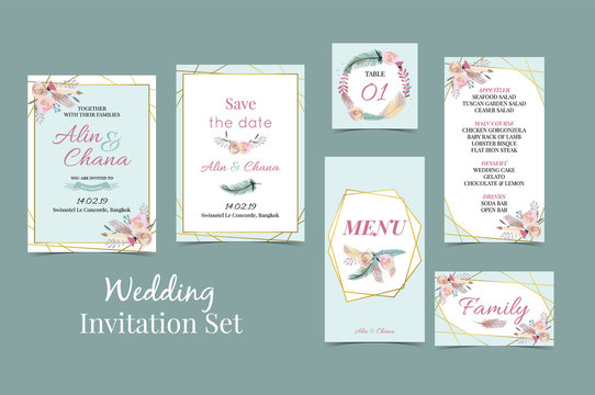 Geometry blue green gold wedding invitation set with table card, menu, rose,flower, wreath and leaf